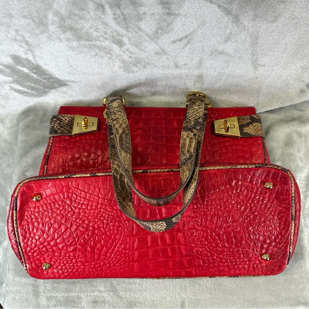 Fontanelli Handbag Purse Red Leather Croc Embossed w/ Snake Skin Trim - Picture 12 of 14